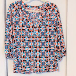 Crown & Ivy XL  3/4 sleeves V-neck Blue and Orange Patterned Blouse